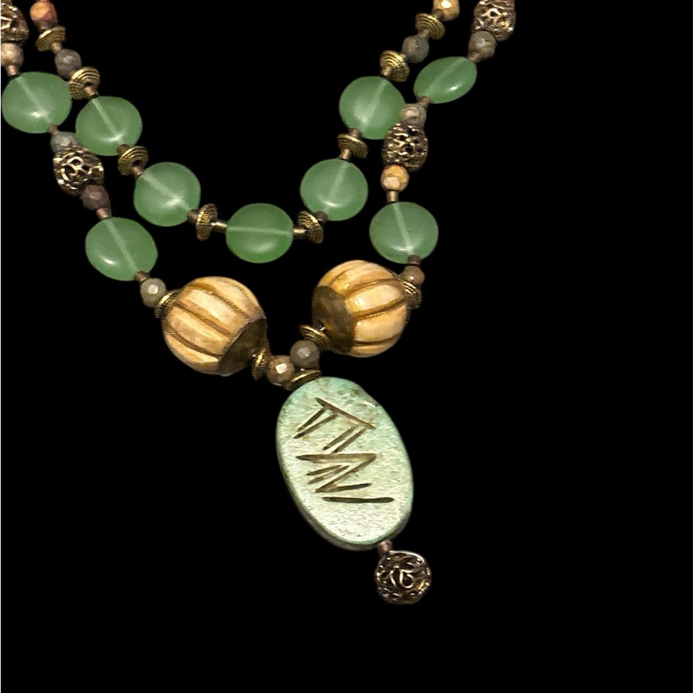 Artisan Green and Gold Beaded Necklace - Picture 2 of 8